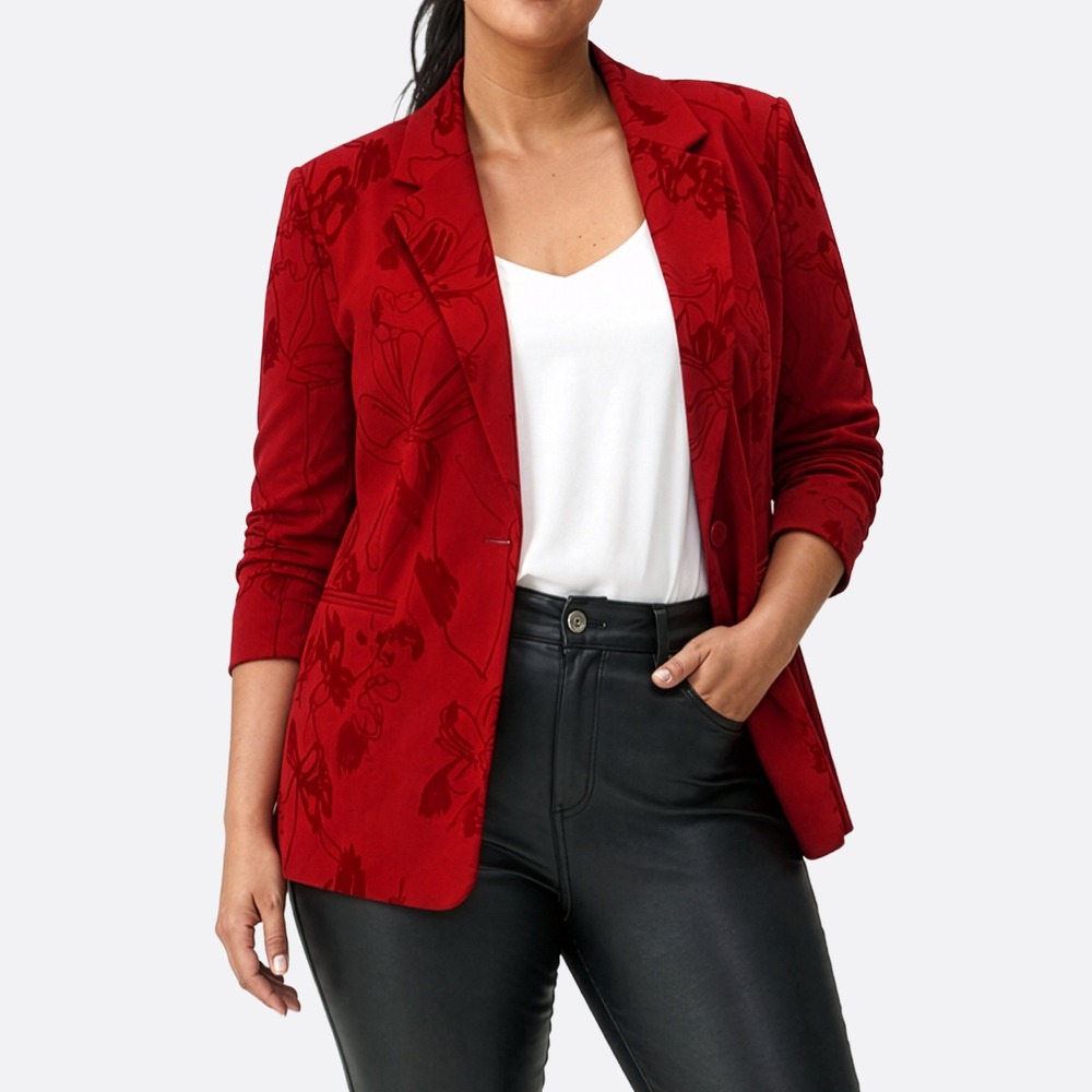 Desigual Burnout Velvet Blazer M/L Crimson Red Tonal Floral Jacket Glam Party